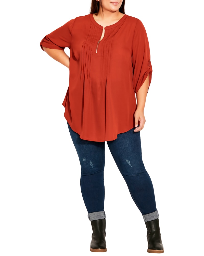 Front of a model wearing a size 14 Mary Eastbrook Top in Red by avenue. | dia_product_style_image_id:234205